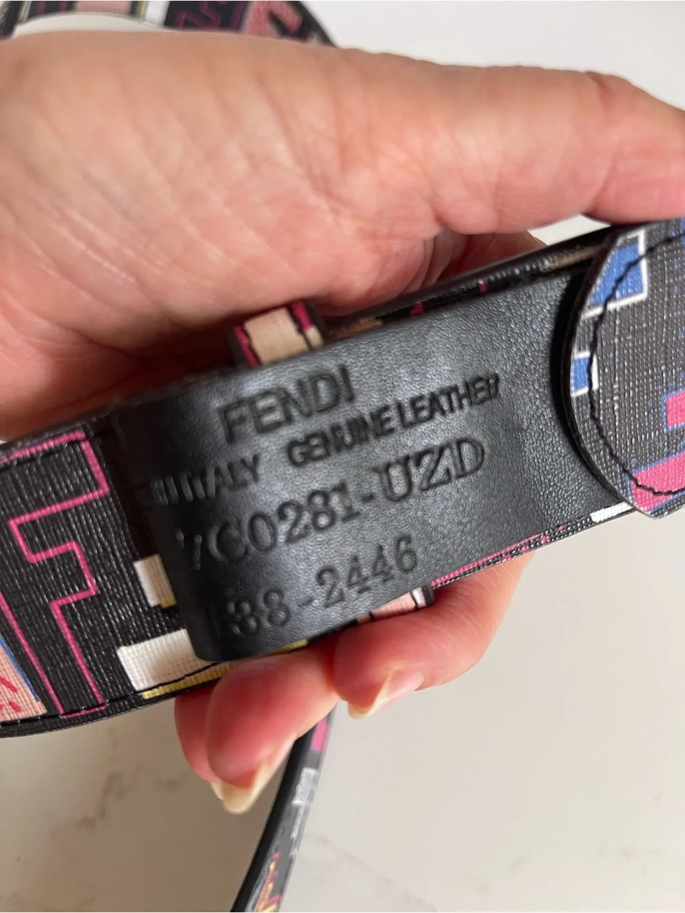 Fendi Black Leather Belt with Multicolor FF Logo and Silver Double F Buckle